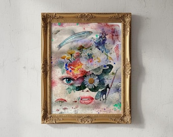 Surreal Floral Face Art Print: Vintage Fish, Horse Illustration (Digital Download)