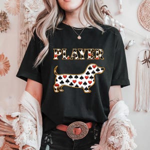 T-shirt teckel joueur, chemise de poker, t-shirt teckel miniature, cadeau pour amoureux de teckel, chemise sur le thème des cartes