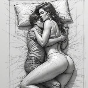 May include: A monochrome pencil sketch shows two figures in bed, embracing. One figure wears a short-sleeved shirt and jeans, the other is nude. The figures are intertwined, with one figure's arms wrapped around the other.
