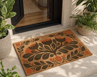 May include: A rectangular doormat with a floral design. The mat is made of a natural fiber material with a brown background. The floral pattern features dark green leaves and orange flowers. The doormat is placed in front of a doorway.