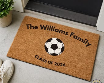 Felpudo de fútbol personalizado: felpudo con nombre familiar personalizado, alfombra de entrada con temática futbolística, regalo para amantes del fútbol, alfombra de bienvenida para exteriores.