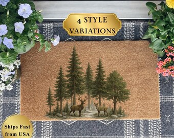 Pine Forest Coir Doormat, Rustic Cabin Decor
