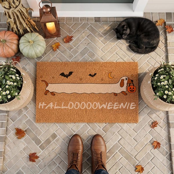 Halloween Dachshund Doormat, Funny Halloweenie Welcome Mat, Wiener Dog Halloween Door Mat, Doxie Mom Gift, Spooky Sausage Dog Decor