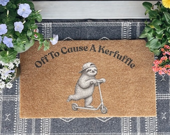 Off To Cause A Kerfuffle Doormat, Funny Sloth Welcome Mat, Lazy Animal Door Mat, Sarcastic Humor Doormat, Sloth Lover Gift