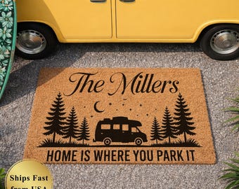Home Is Where You Park It - Choose Your Own Camper Van Doormat - Personalized Outdoor Doormat - Camping Gifts - Door Mat Family Name