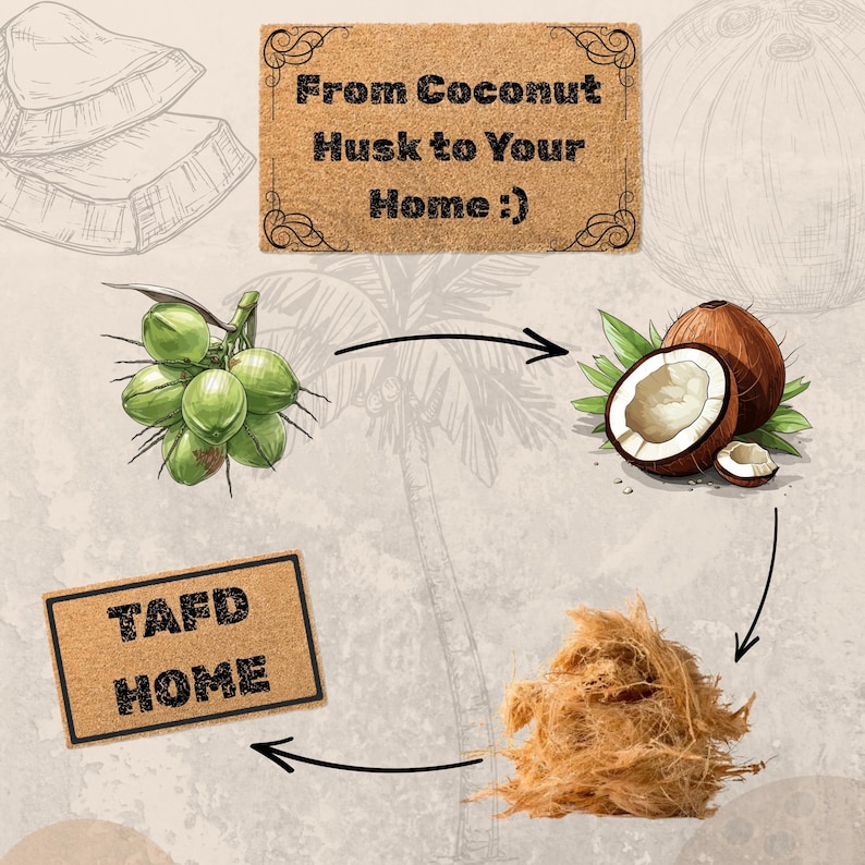 May include: An illustrated diagram showing the process of making a doormat from coconut husk. The image includes text that reads "From Coconut Husk to Your Home :)" and "TAFD HOME". The diagram shows coconuts, husk, and a finished doormat.