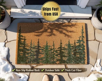 Pine Tree Forest Doormat, Christmas Tree Welcome Mat, Evergreen Woodland Xmas Decor, Nature Inspired Holiday Gift, Winter Front Porch Rug