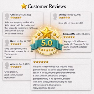 May include: Image of customer reviews with a gold star rating of 5.0. The reviews are from various customers, with comments and dates. The reviews mention product quality, customer service, and gift-giving.