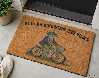 Off to Celebrate 250 Years Doormat, Patriotic Frog Bicycle Mat, Vintage Frog and Cat Doormat, Fourth of July Doormat, Funny Front Door Mat
