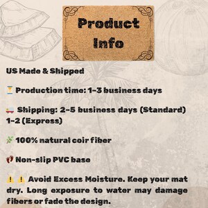 May include: A rectangular doormat with the text "Product Info" in a decorative font. The mat is made of natural coir fiber and has a non-slip PVC base. The image also includes text about production time and care instructions.