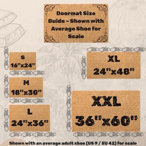 May include: A doormat size guide displays five rectangular doormats in various sizes: S (16"x24"), M (18"x30"), L (24"x36"), XL (24"x48"), and XXL (36"x60"). The guide includes text "Doormat Size Guide - Shown with Average Shoe for Scale."