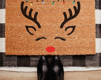 Reindeer Face Coir Doormat with Christmas Lights, Merry Christmas Doormat, Holiday Welcome Mat