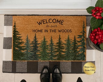 Pine Tree Forest Welcome Doormat Home in the Woods Evergreen Woodland Porch Mat Nature Inspired Front Door Rug Housewarming Gift
