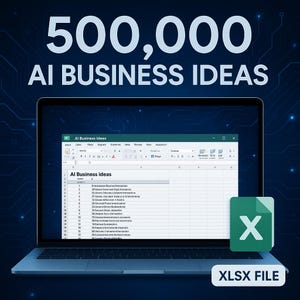 May include: A laptop displays a spreadsheet titled "AI Business Ideas" with the text "500,000 AI BUSINESS IDEAS" at the top. An XLSX file icon is in the lower right corner.