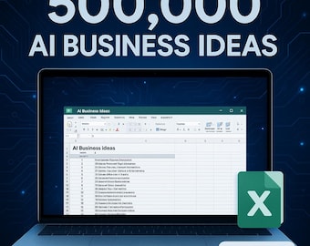 Peut inclure: Un ordinateur portable affiche une feuille de calcul intitulée "AI Business Ideas" avec le texte "500,000 AI BUSINESS IDEAS" en haut. Une icône de fichier XLSX est dans le coin inférieur droit.
