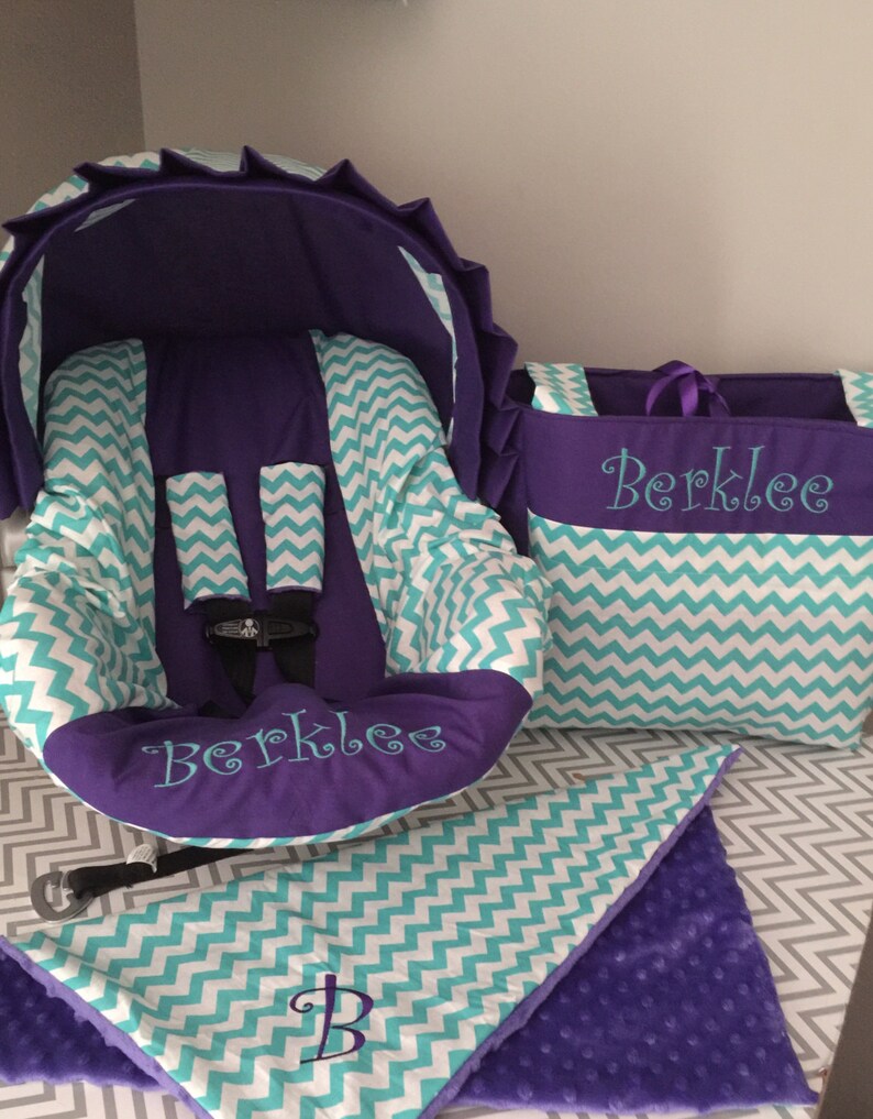 4pc On The Go Set With Turuoise Chevron Purple Infant Car Seat Cover Visor And Diaper Bag Free Name Minky Baby Blankie