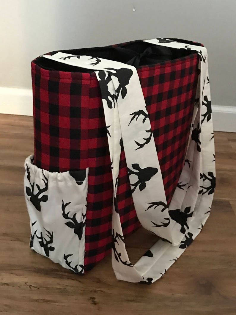 Diaper Bag /& Car Seat carrier Cover made with Red Plaid and Hello Bear Buck Night deer fabric with monogram and minky strap covers for baby