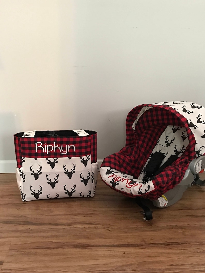 Diaper Bag /& Car Seat carrier Cover made with Red Plaid and Hello Bear Buck Night deer fabric with monogram and minky strap covers for baby