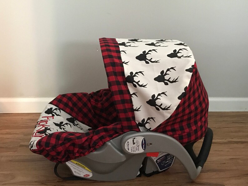Diaper Bag /& Car Seat carrier Cover made with Red Plaid and Hello Bear Buck Night deer fabric with monogram and minky strap covers for baby