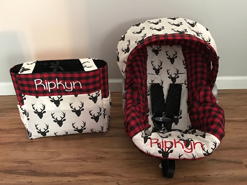Diaper Bag /& Car Seat carrier Cover made with Red Plaid and Hello Bear Buck Night deer fabric with monogram and minky strap covers for baby