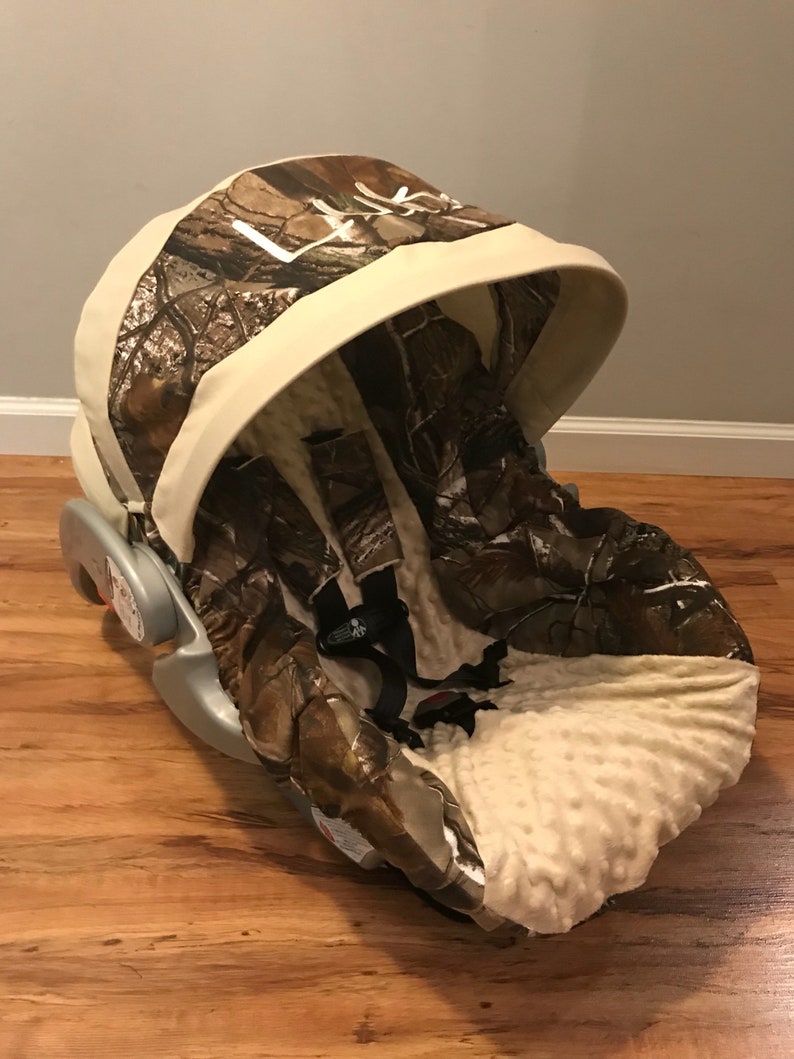 Realtree Camo Fabric With Tan Minky Dot Infant Car Seat Cover And Canopy Visor Free Monogram Strap Covers