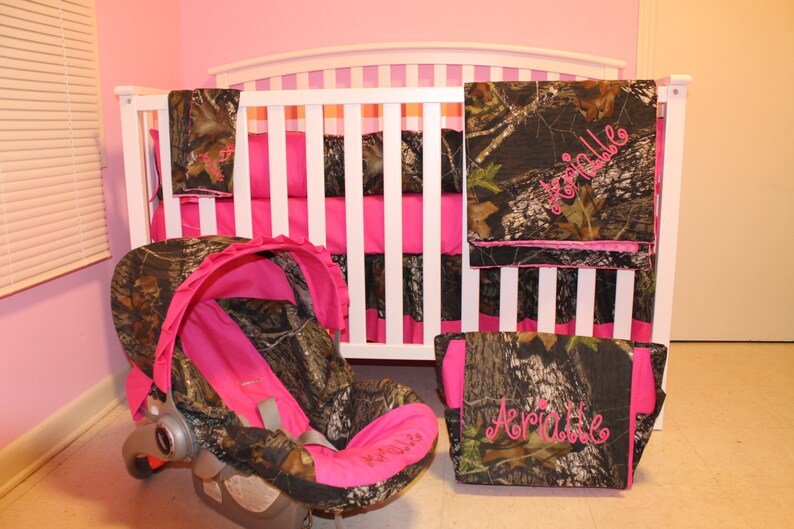 7pc Camo Mossy Oak Fabric Pink Crib Bedding Nursery Set With Diaper Bag And Cat Cover