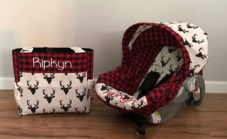 Diaper Bag /& Car Seat carrier Cover made with Red Plaid and Hello Bear Buck Night deer fabric with monogram and minky strap covers for baby