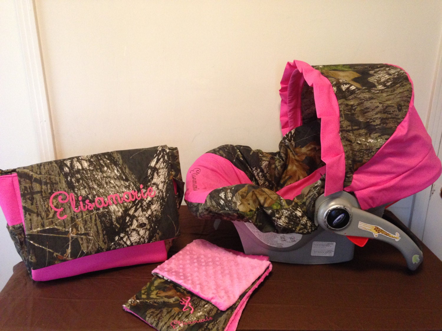 3 Piece Set Mossy Oak Camo Fabric Infant Car Seat Cover With Canopy And Diaper Bag Huggy Blanket Free Monogram