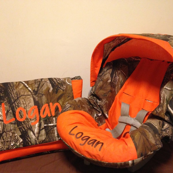 TELA REALTREE CAMO & Funda naranja de silla de coche infantil con toldo y bolsa de pañales con monograma gratuito