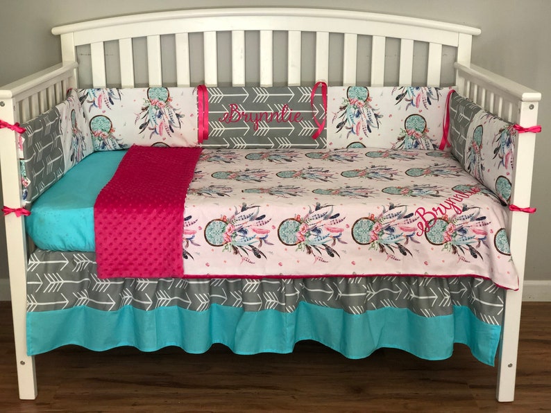 4 Piece Nursery Set Dream Catcher Native American Indian Fabric Gray Arrows Aqua Pink Minky Dots Crib Bumper Pads Blanket