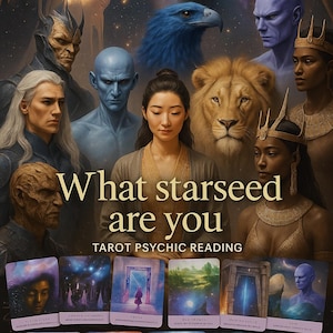 Pode incluir: Ilustração digital artística com uma figura central rodeada por seres místicos e um leão. O texto "What starseed are you" e "TAROT PSYCHIC READING" é exibido. Cartas de tarô na parte inferior.