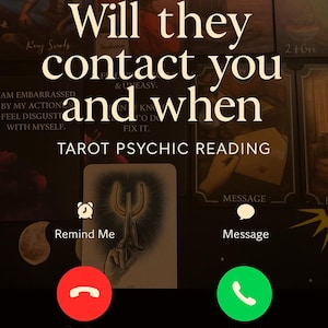 Puede incluir: Lectura psíquica de tarot con el texto "Will they contact you and when". La imagen incluye cartas del tarot, un icono de recordatorio y botones de llamada "Decline" y "Accept".