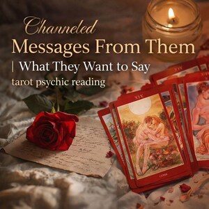 Peut inclure: Une composition avec des cartes de tarot à bordures rouges, une rose rouge et une bougie allumée dans un bocal en verre. Les cartes présentent des illustrations de personnages. Le texte sur l'image indique "Channeled Messages From Them | What They Want to Say tarot psychic reading."