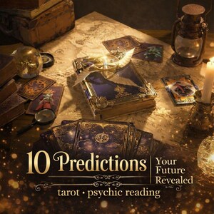 Könnte beinhalten: Ein Arrangement mit einem verzierten Buch, Tarotkarten, einer Lupe und einer Laterne. Der Text lautet "10 Vorhersagen" und "Your Future Revealed", darunter "tarot • psychic reading".