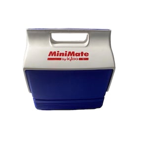 May include: A white and blue plastic cooler with a top handle. The front features the red text MiniMate by igloo. The cooler has a rectangular shape with a textured blue base and a smooth white lid section that includes an integrated carrying handle.
