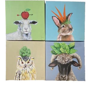 May include: Four square canvas paintings featuring whimsical animal portraits. A sheep with an apple, a rabbit with carrots, an owl with an artichoke, and a ram with leafy greens. Each animal is centered on a solid color background.