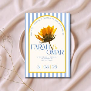 Paquete de plantillas de invitación de boda con flores prensadas secas de rayas azules y amarillas / Plantilla de invitación de boda de primavera / Boda con temática pastel