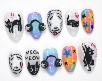 Paznokcie z motywem galaktyki Black Cat, zestaw do zdobienia paznokci 3D Kawaii Meow, urocze, kreskówkowe paznokcie z motywem gwiazd i kosmicznych wzorów BDOUN