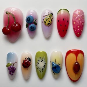Fruit Bug Themed Press On Nails with 3D Cherry, Watermelon & Ladybug Art, Handmade Summer Nail Set
