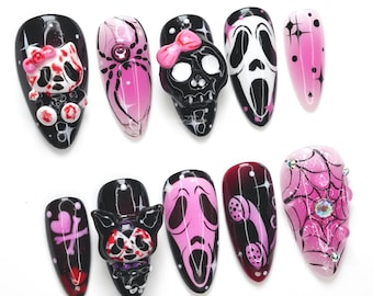 Scream Horror Press On Nails, Gothic Kawaii Nails, 3D Skull Bear Art, Pink Black Spider Web, Creepy Cute Nail Design, Halloween Emo Style