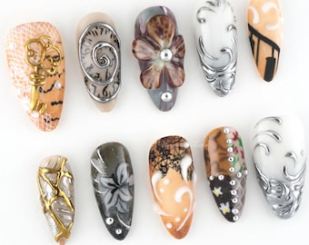 Uñas postizas estilo steampunk vintage, arte de uñas 3D, uñas con filigrana dorada, diseño barroco, flores pintadas a mano LCQUN