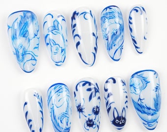 Blue Porcelain Anime Press On Nails, Hand Painted Ghibli Nails, Blue and White Nail Art, Japanese Style Design R2NUN