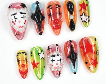 Uñas postizas de payaso de circo, uñas de payaso hechas a mano, diseño de uñas moderno, uñas de fiesta coloridas, diseño retro de carnaval JT9Z5