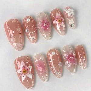 Florale Blüte Press On Nails, 3D Pink Flower & Pearl Nail Art mit Ombre Sommer Vibes, handgefertigtes elegantes Nagelset
