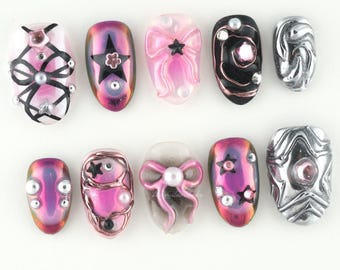 Chrome Bow Pink Press On Nails, metallic nail art, 3D pearl charm, kawaii rhinestone, silver swirl design XEQUN