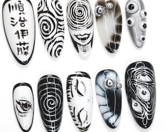 Uzumaki Press On Nails, Junji Ito Horror Nail Set, Gothic Black White Swirl Nails, Creepy Manga Eye Nail Art, Halloween 3D Nail Design DO9Z5