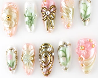 Baroque Floral Pearl Press On Nails, 3D Flower Nails, Vintage Bow Nail Art, Pink Gold Nails, Elegant Press Ons NCQUN