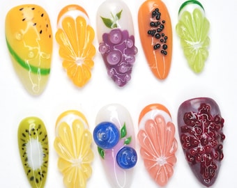 Juicy Fruit-Inspired Press On Nails, 3D Tropical Fruits and Floral Design, Colorful Summer Nail Art Set F5NUN