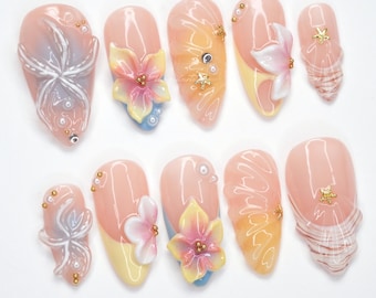 Tropical Flower Press On Nails, 3D Plumeria Design, Peach Sunset Ombre, Star Charm Accents, Beach Vacation Nails, Summer Aesthetic P7NUN
