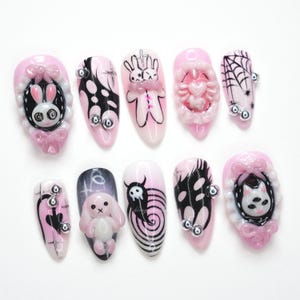 Gothic Kawaii Press On Nails, 3D Bunny Cat Art, Pink Horror Nails, Spider Web Design, Creepy Cute Style, Halloween Yami Kawaii Nail Set